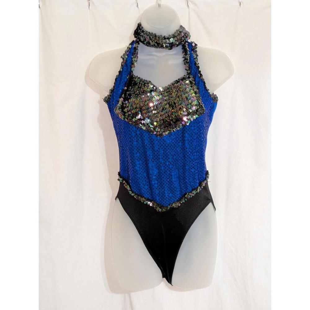 Adult Royal Blue & Black Sparkly Sequin Dance Jazz Leotard Cabaret Costume Sz M